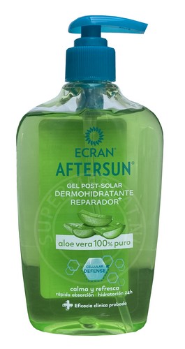 Ecran Aftersun Gel Post-Solar Aloe Vera 100% Puro wordt geleverd in deze speciale flacon met een handige dispenser voor maximaal gemak en moeiteloos doseren