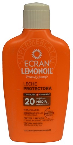 Ecran Sun Lemonoil Leche Protectora Factor 20 zonnebrandcrème beschermt en verzorgt tegelijk en wordt geleverd in deze kenmerkende flacon