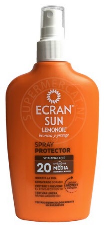 Protect your skin using this Ecran Sun Lemonoil Spray Protector SPF20 sunscreen with an atomizer during sunny days