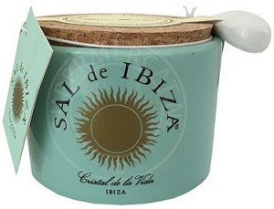 Sal de Ibiza Salt in a ceramic jar with a spoon